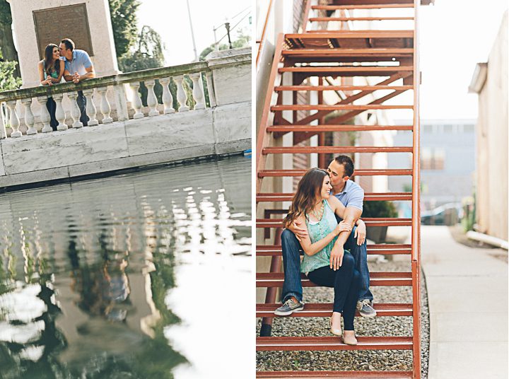 Couple sits on steps during their engagement session in Morristown with NJ wedding photographer Ben Lau.
