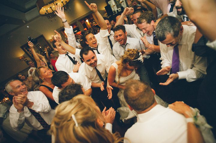Guests dance at a wedding at the Stone House in Stirling Ridge. Captured by NJ wedding photographer Ben Lau.