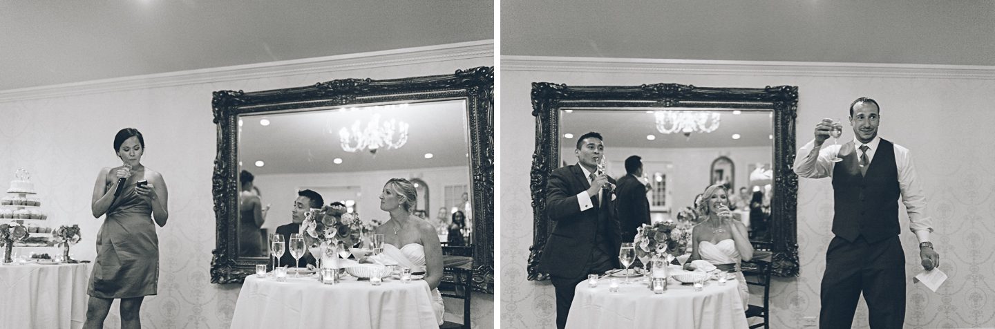 Best man and Matron of Honor speeches during a wedding at the Antrim 1844 Country House in Taneytown, MD. Captured by Baltimore wedding photographer Ben Lau.