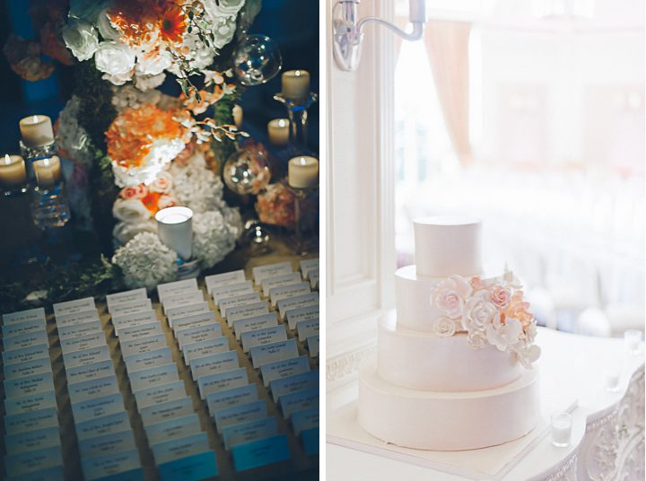 Escort cards and wedding cake at the Westmount Country Club wedding. Captured by NYC wedding photographer Ben Lau.