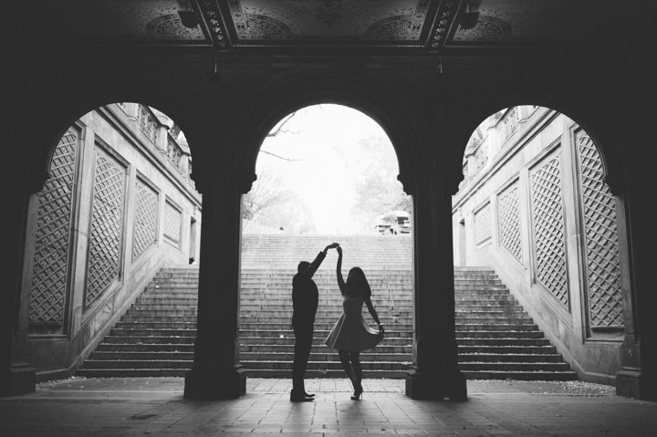Engagement session on the steps of the Bethesda Arcade in Central Park. Captured by NYC wedding photographer Ben Lau.