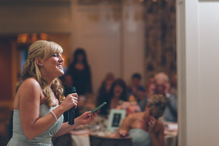 Speeches during a wedding reception at an Indian Trail Club in Franklin Lakes, NJ. Captured by Northern NJ wedding photographer Ben Lau.