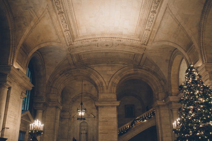Holiday decor at the NY Public Library. Captured by NYC wedding photographer Ben Lau.