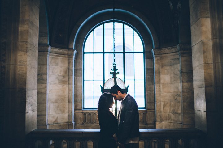 NYC engagement session at the NY Public Library. Captured by NYC wedding photographer Ben Lau.