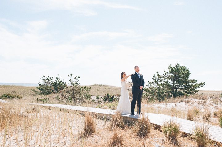 Bride and goom's first look at Oceanbleu in Westhampton, NY. Captured by NYC wedding photographer Ben Lau.