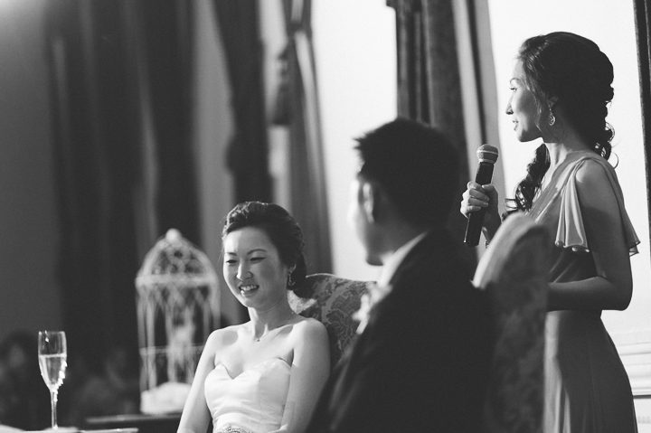 Maid of Honor's toasts during a wedding reception at The Estate at Florentine Gardens in River Vale, NJ. Captured by Northern NJ wedding photographer Ben Lau.