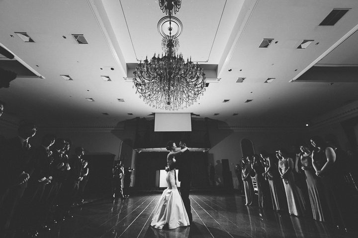 Bride and groom's first dance during a wedding reception at The Estate at Florentine Gardens in River Vale, NJ. Captured by Northern NJ wedding photographer Ben Lau.