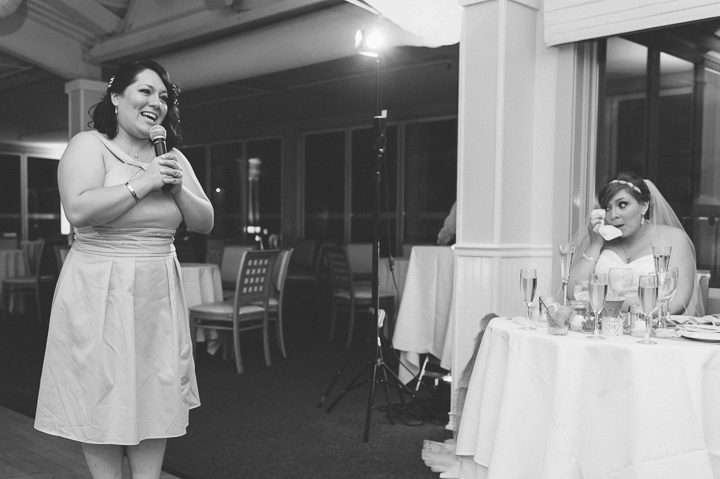 Maid of honor speech during a McLoones Pierhouse Wedding in Long Branch, NJ. Captured by NYC wedding photographer Ben Lau.