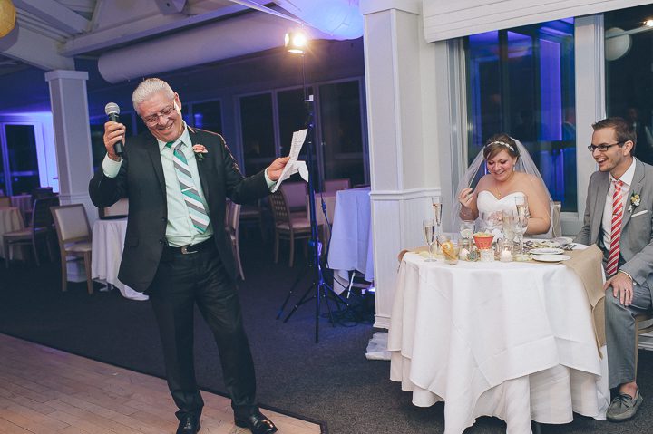 Bride's father's speech during a McLoones Pierhouse Wedding in Long Branch, NJ. Captured by NYC wedding photographer Ben Lau.