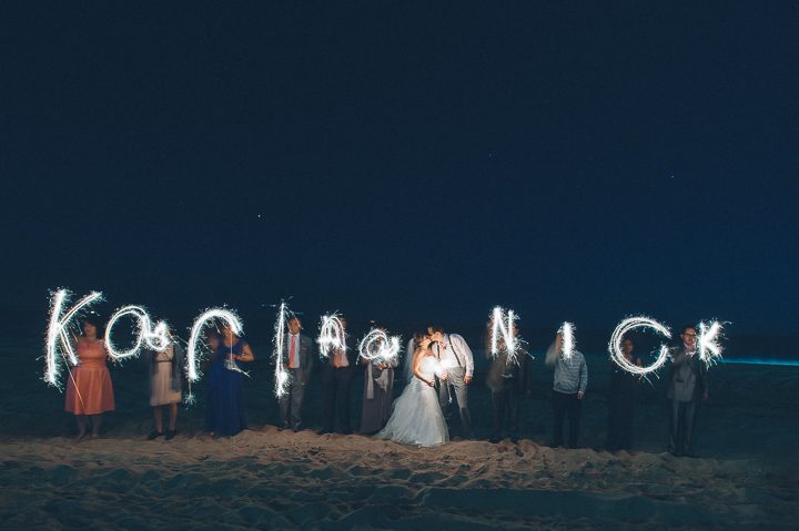 Sparkler group photo after a McLoones Pierhouse Wedding in Long Branch, NJ. Captured by NYC wedding photographer Ben Lau.