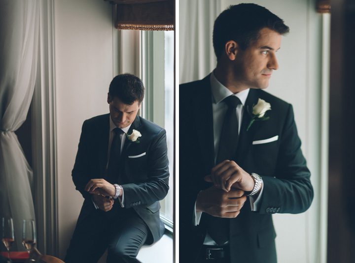 Groom portraits by a window on the morning of his New York City Hall wedding, captured by NYC wedding photographer Ben Lau.
