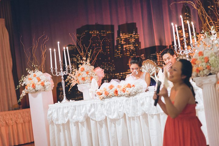 Matron of Honor's toast during a wedding reception at Dae Dong Manor in Flushing, NY. Captured by NYC wedding photographer Ben Lau.