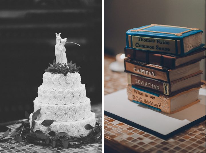 Wedding cake and groom cake for a wedding at Tula's Lounge in New Brunswick, NJ. Captured by Central Jersey Wedding Photographer Ben Lau.