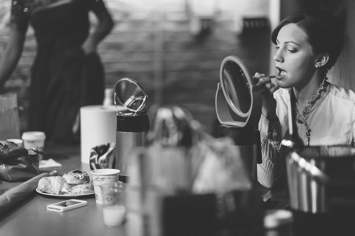 Bride does her make up on the morning of her wedding day at Kirkpatrick Chapel in New Brunswick, NJ. Captured by Central Jersey Wedding Photographer Ben Lau.