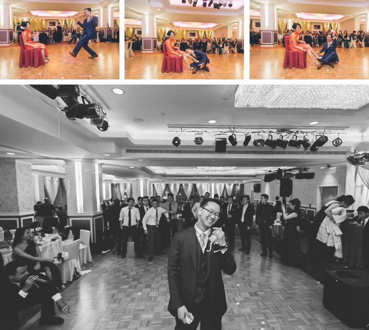 Bouquet toss during a wedding reception at Mudan's in Flushing Queens. Captured by NYC wedding photographer Ben Lau.