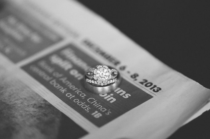 Wedding rings and newspaper. Captured by NYC wedding photographer Ben Lau.