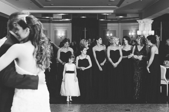 Bridal party watches as the bride dances with her father during a wedding reception at the Westmount Country Club. Captured by Northern NJ wedding photographer Ben Lau.