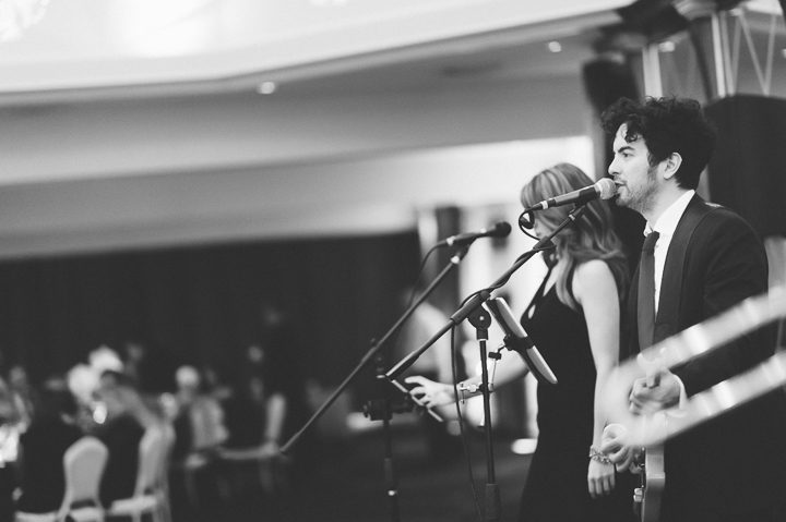 Band performs during a wedding reception at the Westmount Country Club. Captured by Northern NJ wedding photographer Ben Lau.