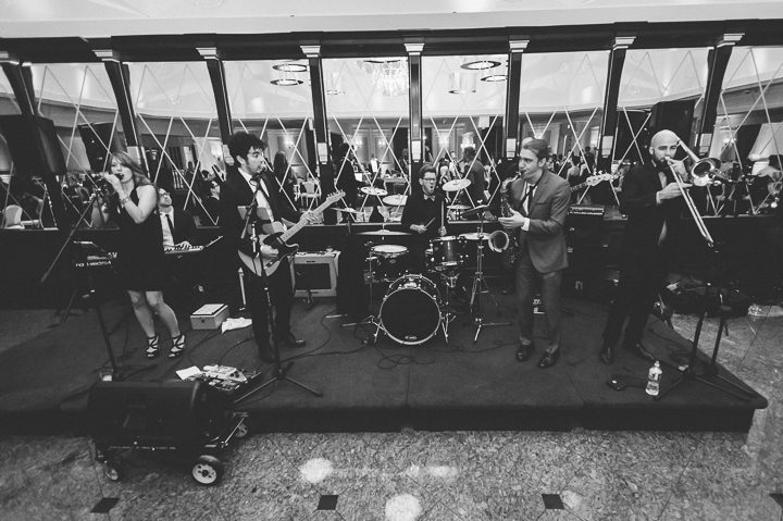 Band performs during a wedding reception at the Westmount Country Club. Captured by Northern NJ wedding photographer Ben Lau.