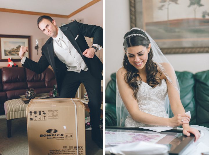 Gift and card exchange on the morning of Brittany & Derek's wedding at the Westmount Country Club. Captured by Northern NJ wedding photographer Ben Lau.