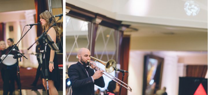 Band plays during a wedding at the Westmount Country Club in Woodland Park, NJ. Captured by Northern NJ wedding photographer Ben Lau.