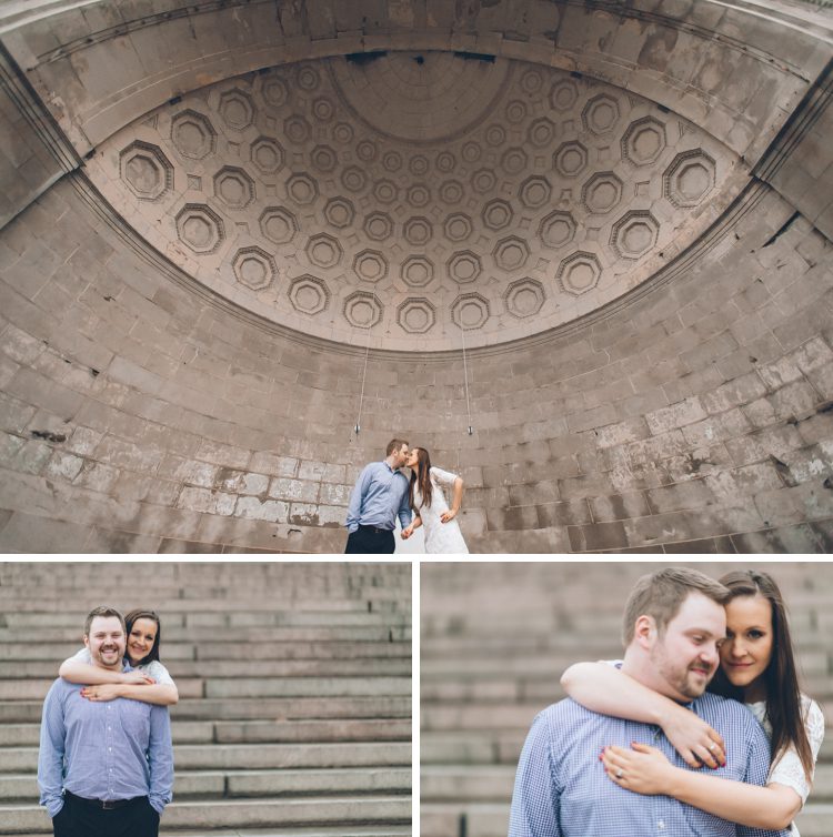 Couple poses inside the amphitheater during their engagement session in Central Park. Captured by NYC wedding photographer Ben Lau.