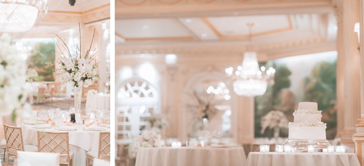 Wedding cake and centerpieces at the Essex House in NYC. Captured by NYC wedding photographer Ben Lau.