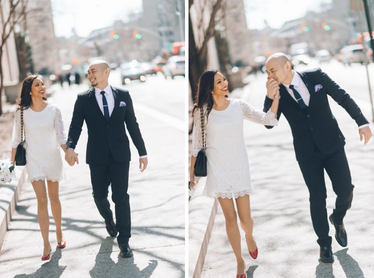 Couple walk to the marriage bureau before their wedding ceremony. Captured by NYC City Hall wedding photographer Ben Lau.