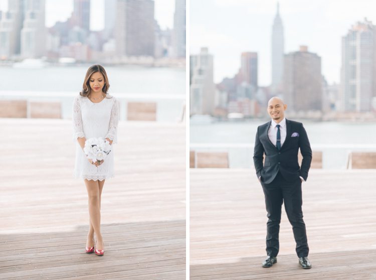 Bride and groom pose in front of the NYC skyline in Gantry Plaza State Park. Captured by NYC City Hall wedding photographer Ben Lau.