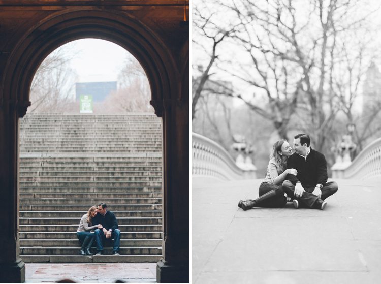 An engaged couple sits together, during their engagement session in Central Park, with NYC wedding photographer Ben Lau.
