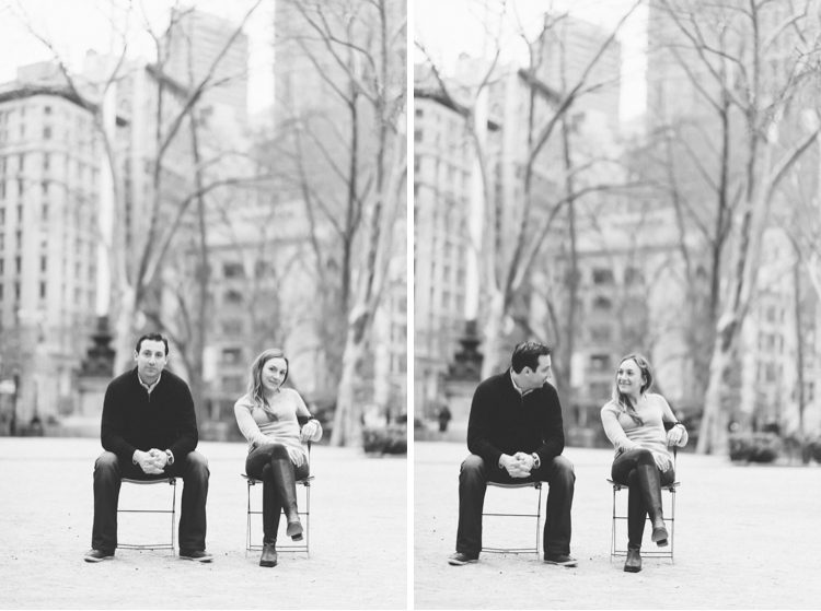 Couple sits in chairs during their engagement session in the Flat Iron District, with NYC wedding photographer Ben Lau.