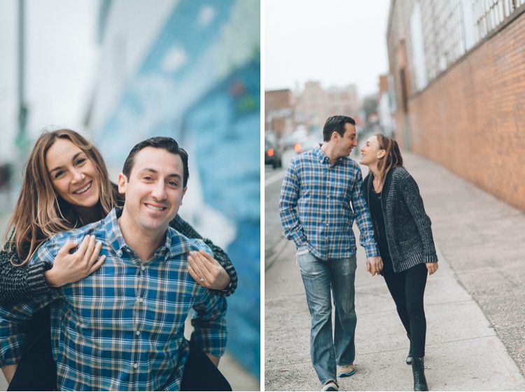 Couple walking together, during their engagement session in Williamsburg, with NYC wedding photographer Ben Lau.