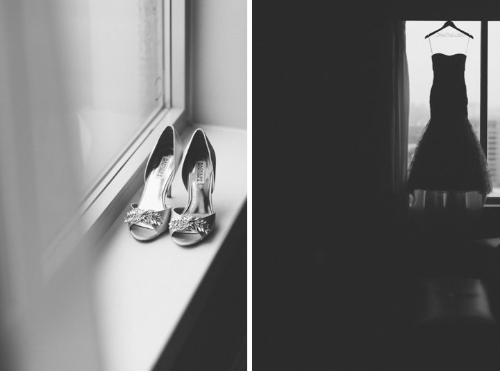 Wedding shoes and wedding dress for a wedding at the Franklin Institute in Philadelphia. Captured by NYC wedding photographer Ben Lau.
