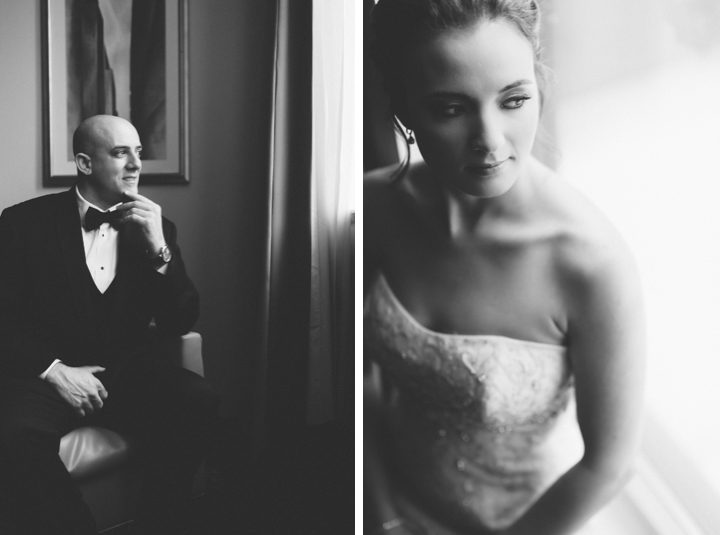 Bride and groom solo portraits before their wedding at the Franklin Institute in Philadelphia. Captured by NYC wedding photographer Ben Lau.