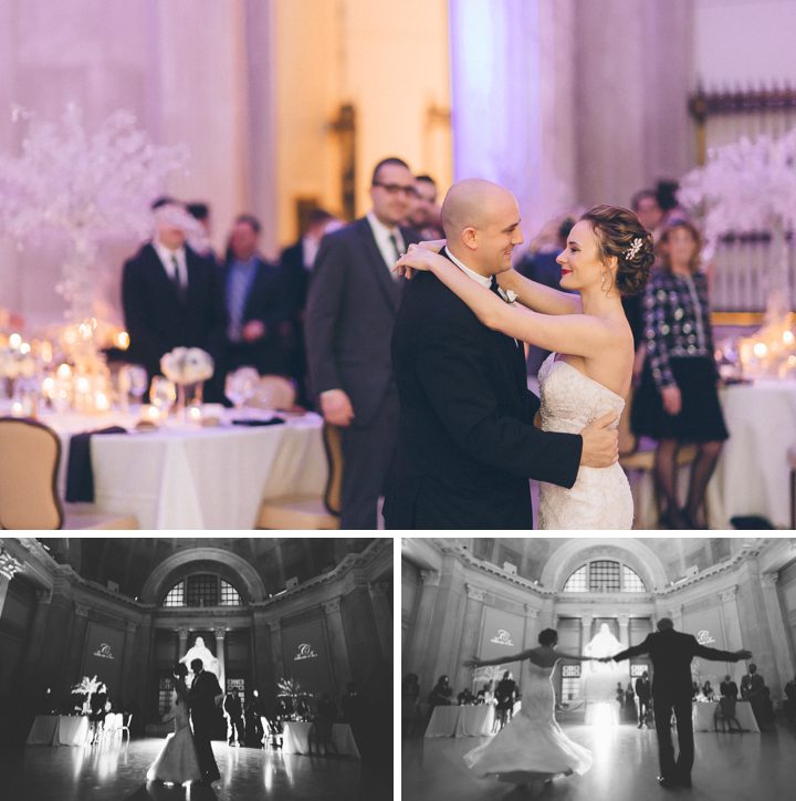 Bride and groom's first dance during their wedding reception at the Franklin Institute in Philadelphia. Captured by NYC wedding photographer Ben Lau.