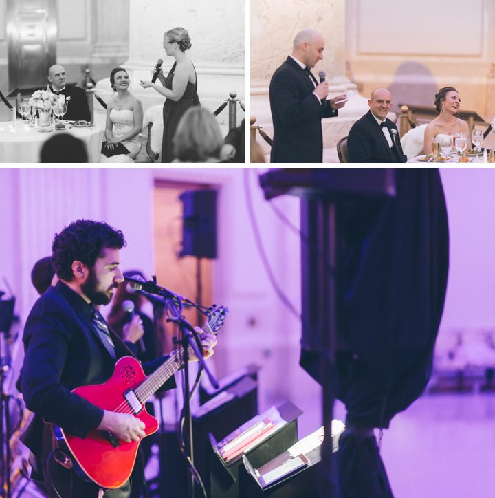 Toasts and entertainment during a wedding reception at the Franklin Institute in Philadelphia. Captured by NYC wedding photographer Ben Lau.