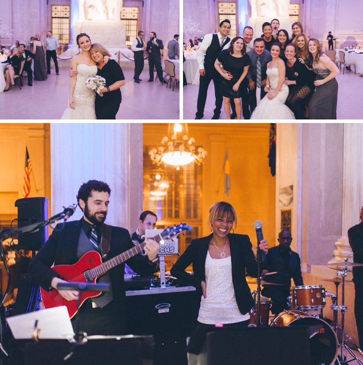 Guests post for photos during a wedding reception at the Franklin Institute in Philadelphia. Captured by NYC wedding photographer Ben Lau.