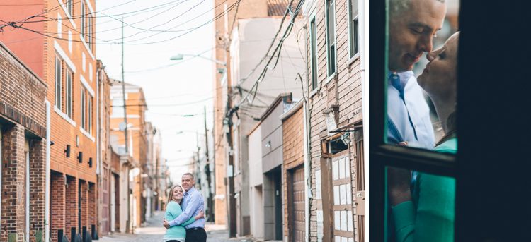 Couple share a kiss on a cobblestone street during their engagement session in Hoboken, NJ. Captured by NJ wedding photographer Ben Lau.
