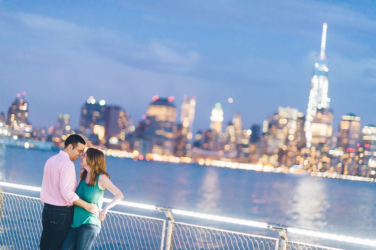 Hoboken engagement session with the NYC skyline. Captured by Northern NJ wedding photographer Ben Lau.