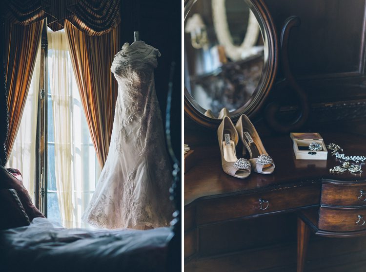 Wedding dress and shoes for a wedding a NYIT de Seversky Mansion wedding in Old Westbury, NY. Captured by Long Island Wedding Photographer Ben Lau.