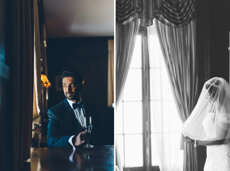 Bride and groom solo portraits on the morning of their NYIT de Seversky Mansion wedding in Old Westbury, NY. Captured by Long Island Wedding Photographer Ben Lau.