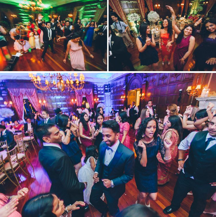 Guests dancing during a wedding reception at NYIT de Seversky Mansion in Old Westbury, NY. Captured by Long Island Wedding Photographer Ben Lau.