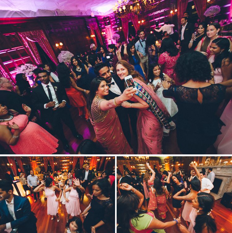 Guests dancing during a wedding reception at NYIT de Seversky Mansion in Old Westbury, NY. Captured by Long Island Wedding Photographer Ben Lau.