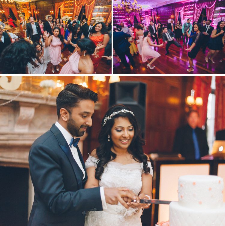 Cake cutting during a wedding reception at NYIT de Seversky Mansion in Old Westbury, NY. Captured by Long Island wedding photographer Ben Lau.