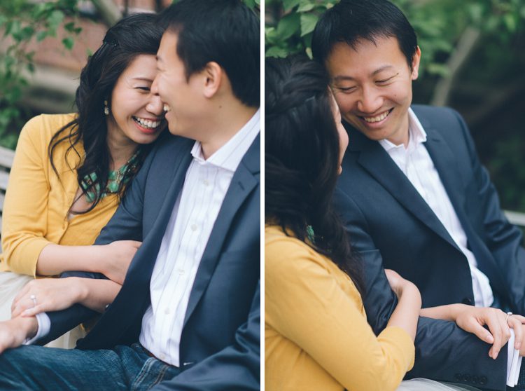 A couple shares a moment together during their engagement session at the High Line in NYC. Captured by NYC wedding photographer Ben Lau.