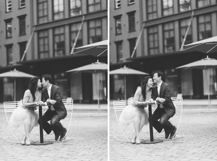 Alyssa and Gary share a laugh while sitting on the cobblestone streets during their engagement session at the High Line in NYC. Captured by NYC wedding photographer Ben Lau.