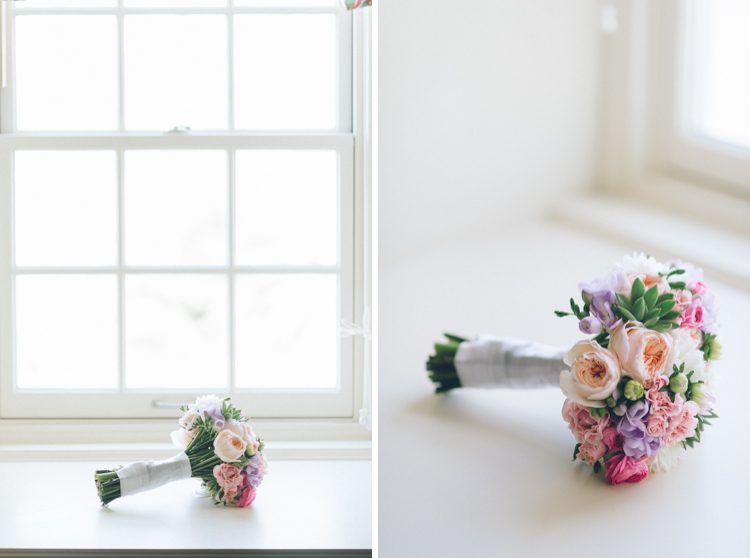 Wedding bouquets by the windowsill for a wedding at Normandy Farms in Blue Bell, PA. Captured by Philadelphia wedding photographer Ben Lau.