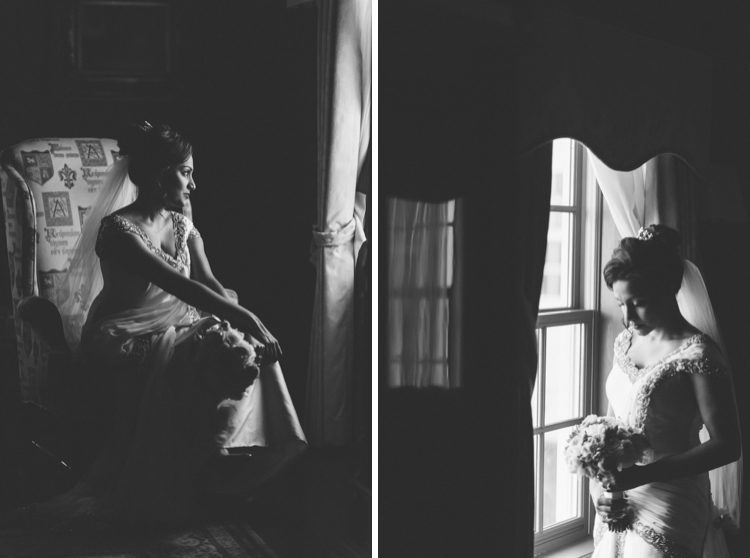 Bride stands by a window on the morning of her wedding at Normandy Farms in Blue Bell, PA. Captured by Philadelphia wedding photographer Ben Lau.