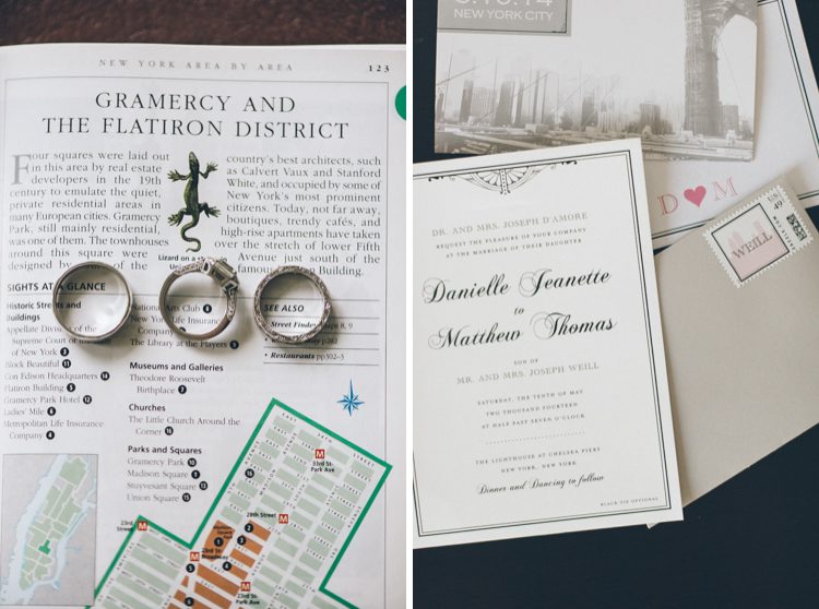 Wedding rings and stationery for a wedding at Pier 60 & The Lighthouse. Captured by NYC wedding photographer Ben Lau.