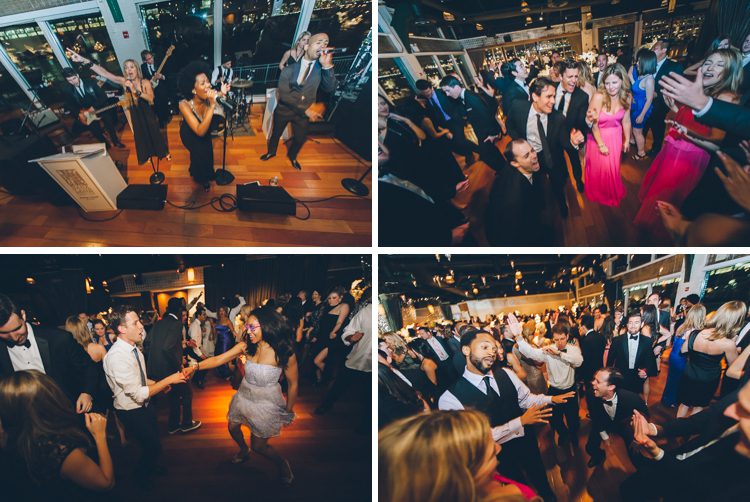 Guests dancing during a wedding reception at Pier 60 & The Lighthouse. Captured by NYC wedding photographer Ben Lau.